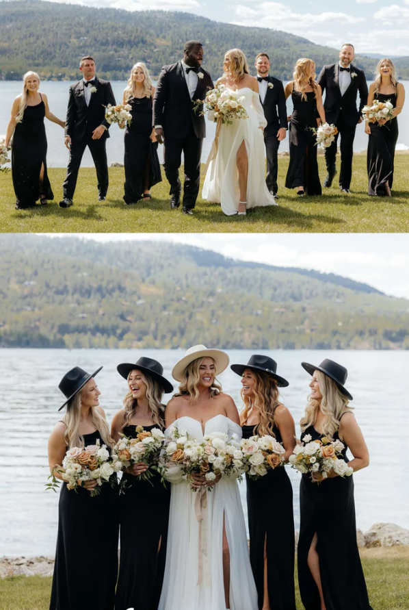 Black Elastic Satin Spaghetti Strap Side Slit Long Bridesmaid Dresses SH5588
