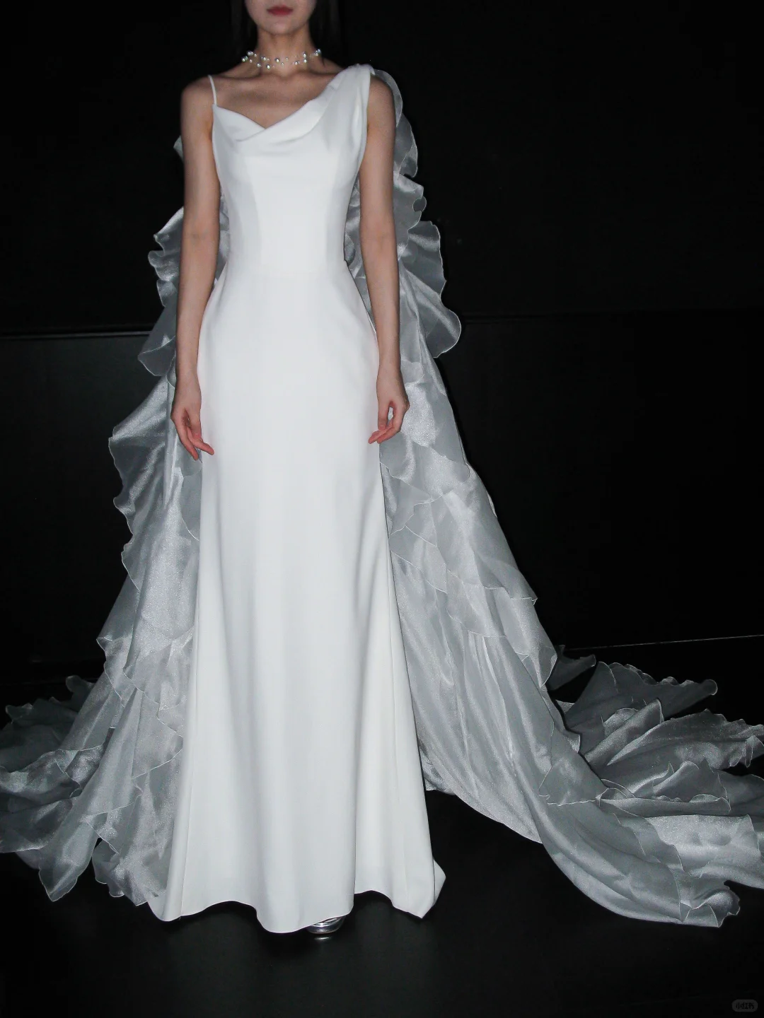 Unique A Line Spaghetti Strap White Ruffle Tulle Satin Long Train Wedding Dress SH8903