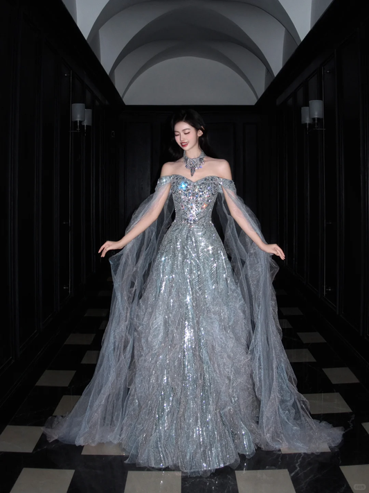 Shiny Exquisite Beaded A Line Off the Shoulder Grey Tulle Long Evening Dress Ball Gown SH3488