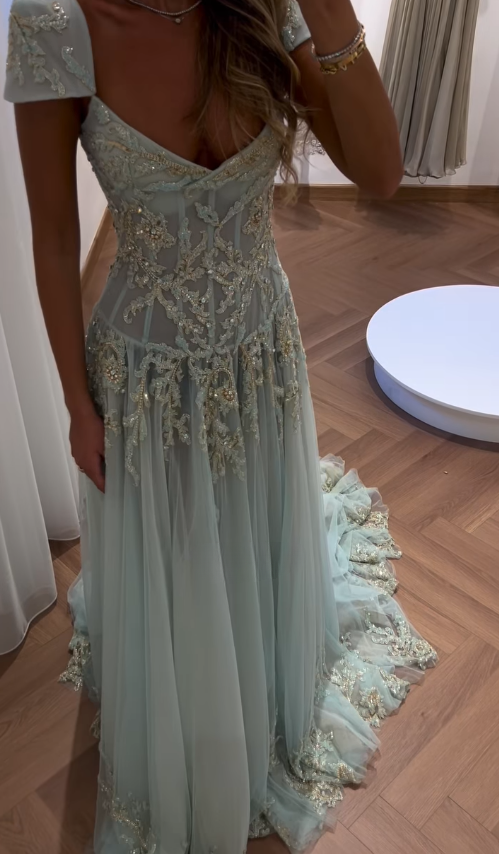 Baby Blue A Line Exquisite Beaded Tulle Prom Dress Wedding Guest Dress SH4723