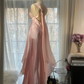 Classy A Line V Neck Beaded Pink Chiffon Satin Long Party Dress Evening Dress SH2937