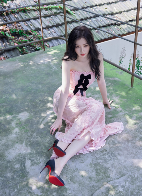 Pink Mermaid Strapless Bow Lace Long Party Dress Wedding Guest Dress SH3125