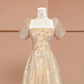 Pretty A Line Puff Beaded Sequin Champagne Tulle Long Prom Dress Party Dress SH4365