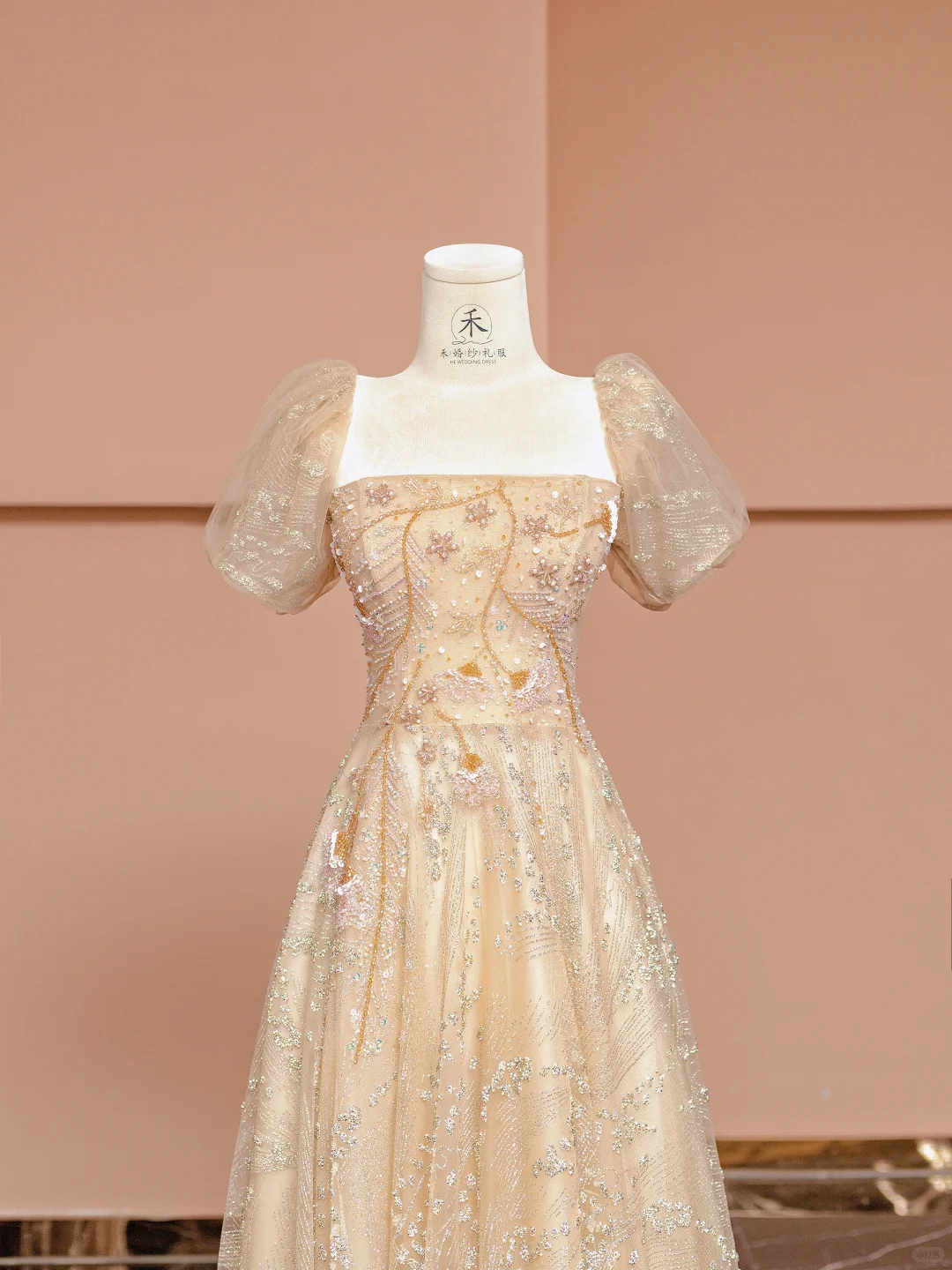 Pretty A Line Puff Beaded Sequin Champagne Tulle Long Prom Dress Party Dress SH4365