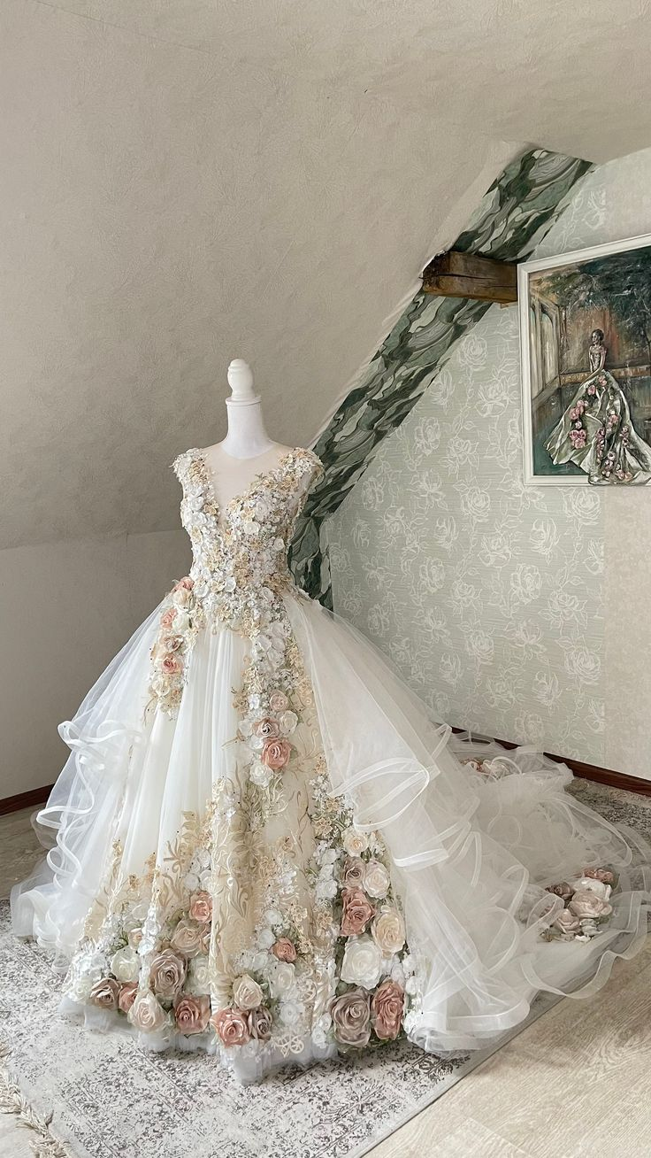 Off White 3D Floral Ball Gown Tulle Long Prom Dress Wedding Dress Quinceanera Dress SH1006