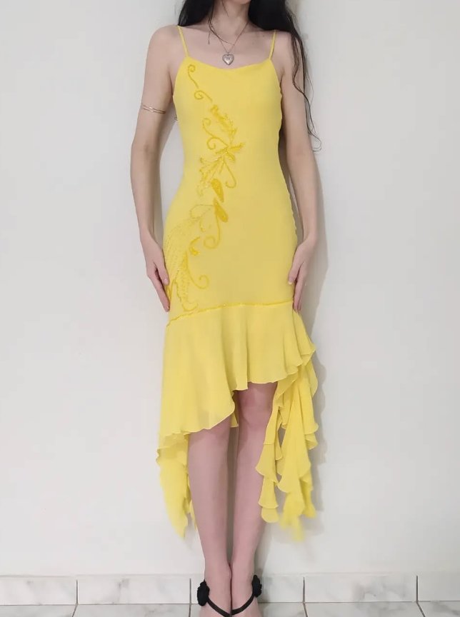 Cute Sheath Spaghetti Strap Beaded Yellow Ruffle Chiffon Prom Dress Graduation Prom Dress SH2569