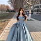Blue A Line Off the Shoulder Flower Satin Long Party Dress Birthday Dress SH2908