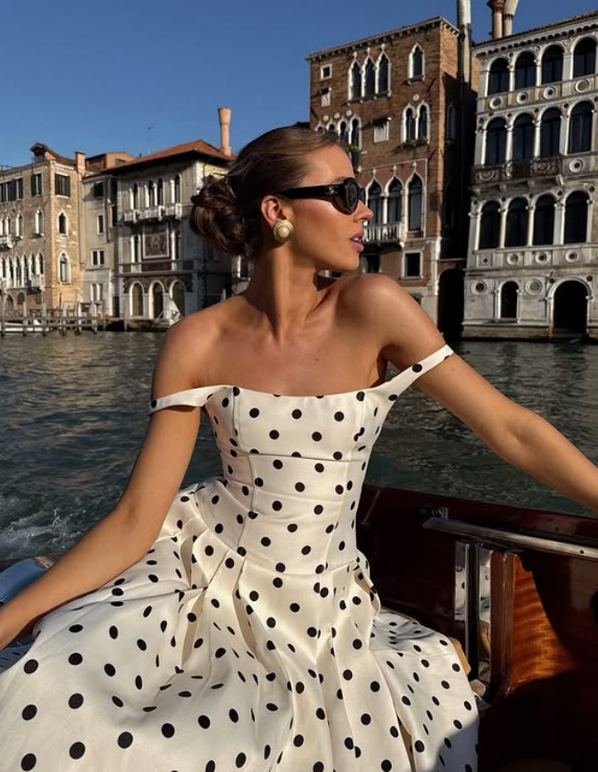 Classic Black-White Polka Dot A Line Straps Satin Long Prom Dress Vacation Dress SH4810