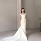High-class Sheath Strap White Satin Long Train Wedding Dress SH7721