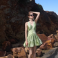 Green A Line V Neck Satin Open Back Short Homecoming Dress Vacation Dress Outfits SH3994