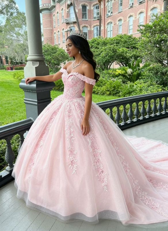 Pink Tulle Applique Long Prom Dress Quinceanera Dress Ball Gown SH970