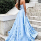 Strapless Blue Sweetheart Neck Sweep Train Satin Prom Dresses  SH853