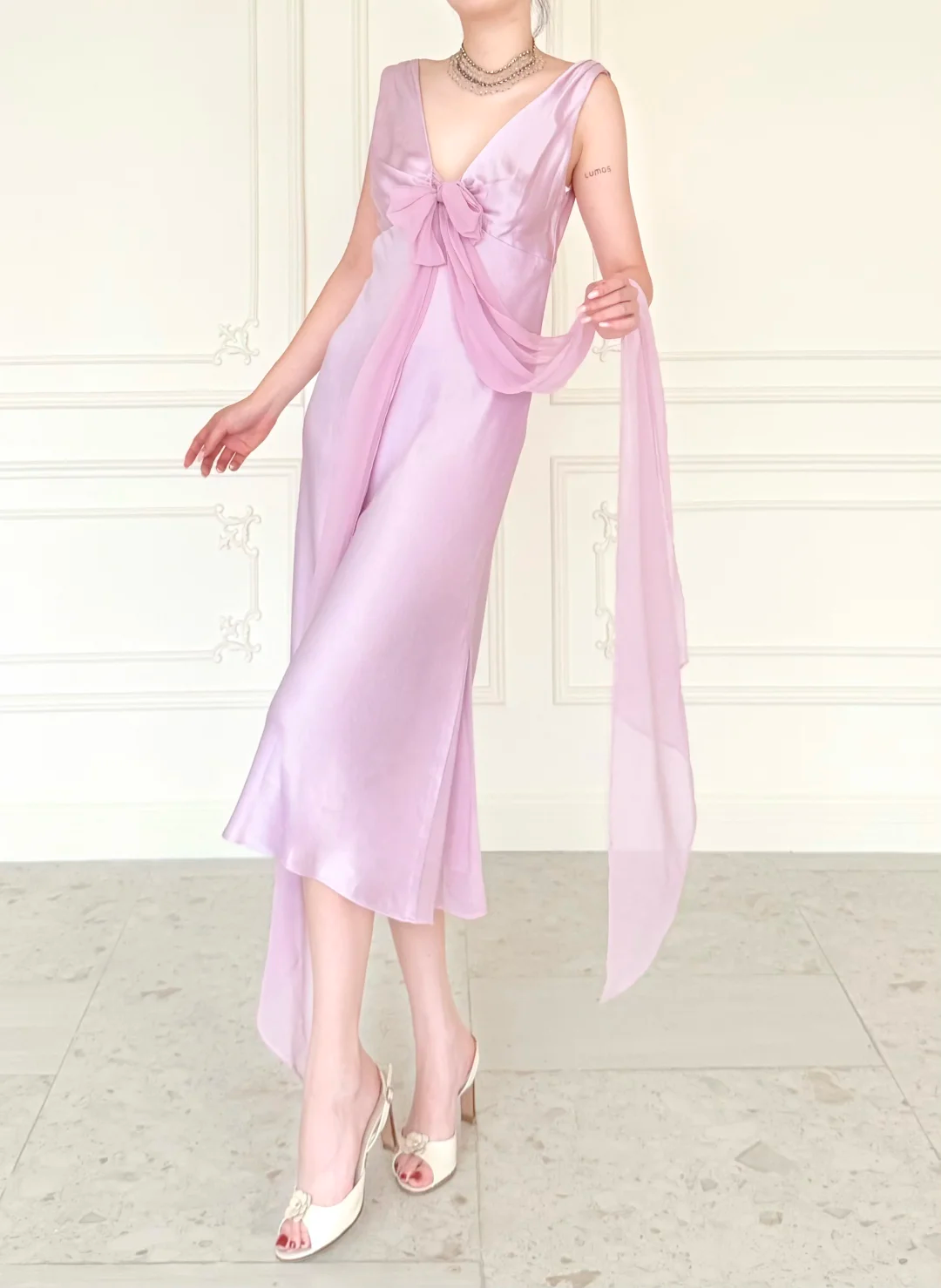 Gentle Light Purple A Line V Neck Chiffon Satin Prom Dress Evening Dress SH6759
