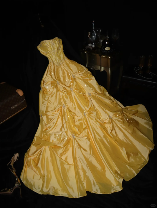 Bright Yellow A Line Strapless Beaded Satin Prom Dress Party Evening Dress SH5993