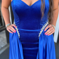 Royal Blue A Line Sweetheart Neck Beaded Velvet Satin Long Prom Dress Evening Dress SH7236