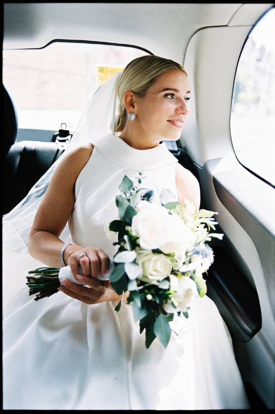 High-class A Line High Neck White Satin Long Wedding Dress SH8253