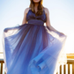 Charming A Line Spaghetti Strap Beaded Navy Blue Tulle Prom Dress Evening Dress SH2088