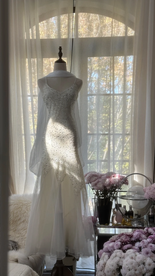Flowy Mermaid Spaghetti Straps Beaded White Chiffon Long Prom Dress Evening Dress SH2969