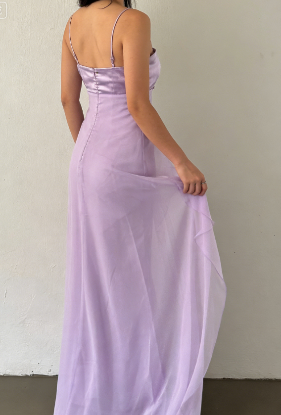 Lilac A Line Spaghetti Strap Satin Tulle Long Prom Dress Evening Dress SH2481