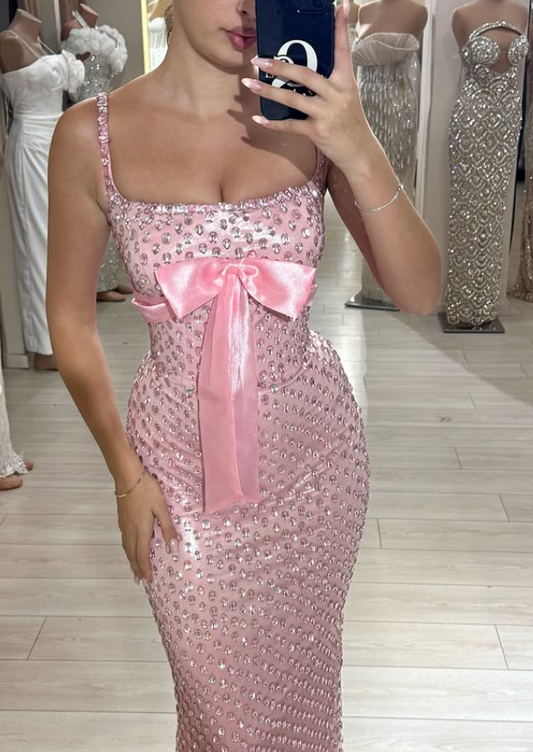 Pink Sheath Spaghetti Strap Exquisite Rhinestone Long Satin Ball Gown Evening Dress Prom Dress SH4824