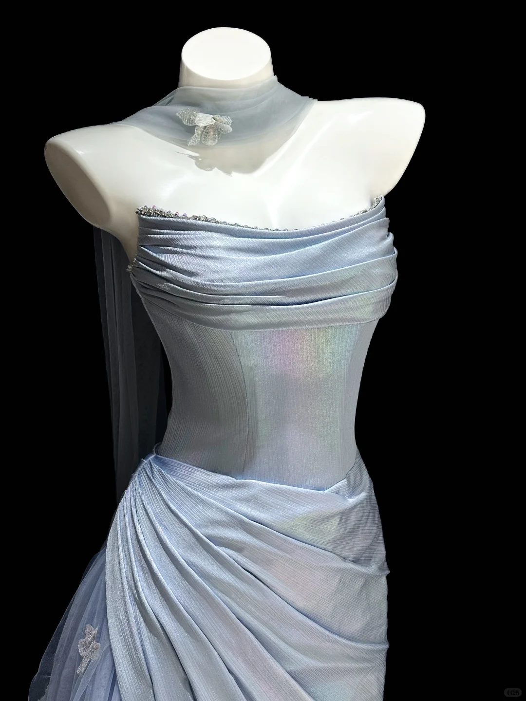 Blue Simple A Line Strapless Satin Tulle Long Prom Dress SH5003