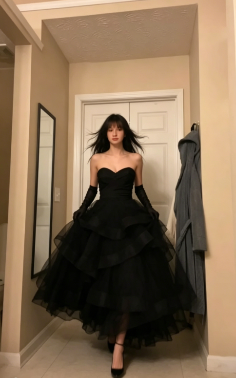 Princess A Line Sweetheart Neck Black Tiered Tulle Long Prom Dress Evening Dress SH355