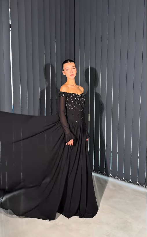 High-class Black A Line Long Sleeve Beaded Chiffon Prom Dress Evening Dress SH6754