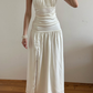 Simple Ivory A Line Halter Pleated Satin Slit Open Back Evening Dress Party Dress SH3957