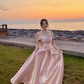 Simple A Line Off the Shoulder Pink Satin Long Prom Dress Evening Dress SH6054