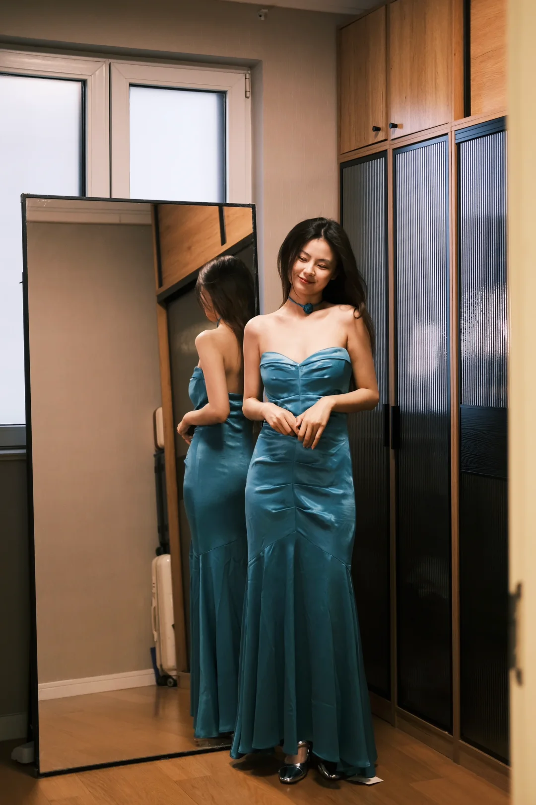 Gentle Mermaid Sweetheart Neck Pleated Blue Satin Party Dress Evening Dress SH2911