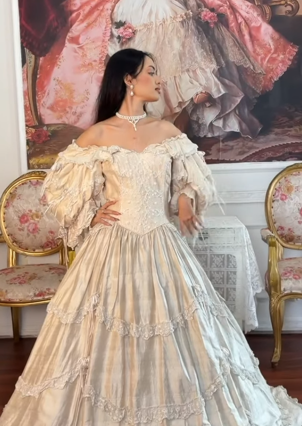 Apricot Vintage Ball Gown Long Sleeve Embroidery Beaded Satin Long Prom Dress SH5486