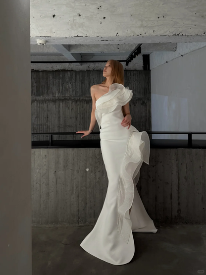 Styletic Mermaid One Shoulder Ruffle White Organza Satin Prom Dress Evening Dress SH7720