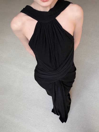 Classic Black Sheath Halter Satin Backless Long Prom Dress Evening Dress SH7704