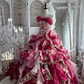 Vintage Pink Print Floral Ball Gown Ruffle Layered Organza Prom Dress Sweet 16 Dress SH5985