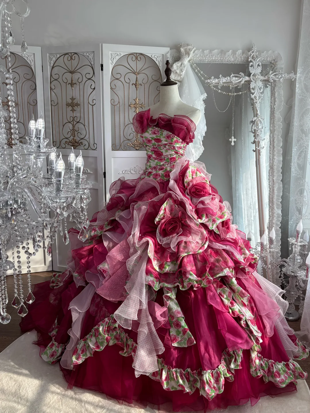 Vintage Pink Print Floral Ball Gown Ruffle Layered Organza Prom Dress Sweet 16 Dress SH5985