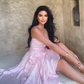 Pink A Line Strapless Floral Ruffle Layered Satin Short Homecoming Dress Outfits SH4268