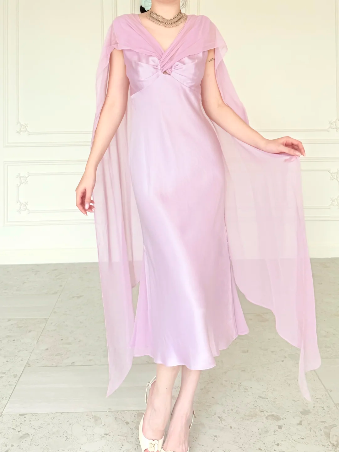 Gentle Light Purple A Line V Neck Chiffon Satin Prom Dress Evening Dress SH6759