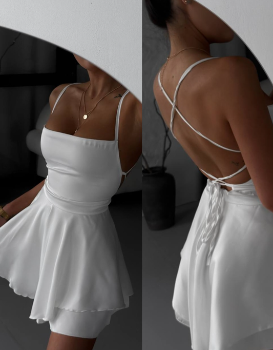 Cute White A Line Spaghetti Strap Satin Short Homecoming Dress Cocktail Dress SH4345
