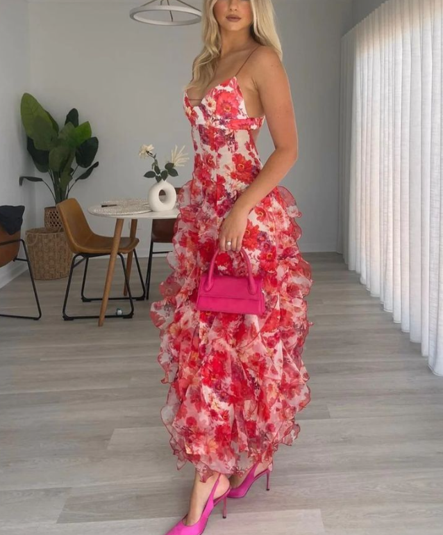 Spaghetti Straps Chiffon Ruffles Print Floral A-Line Long Party Dress  Prom Dress SH1488