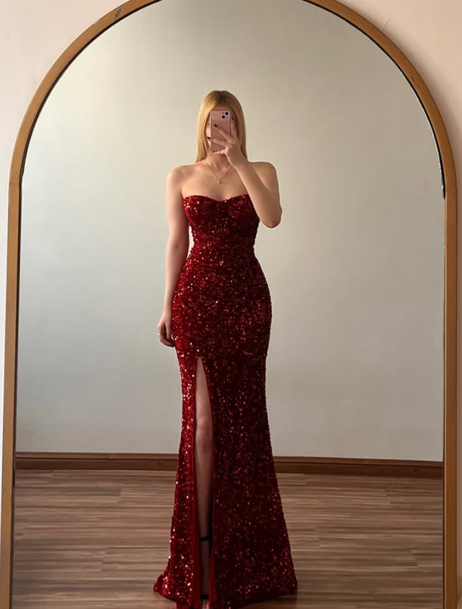 Vintage Burgundy Mermaid Strapless Sequin Slit Prom Dress Evening Dress SH6985