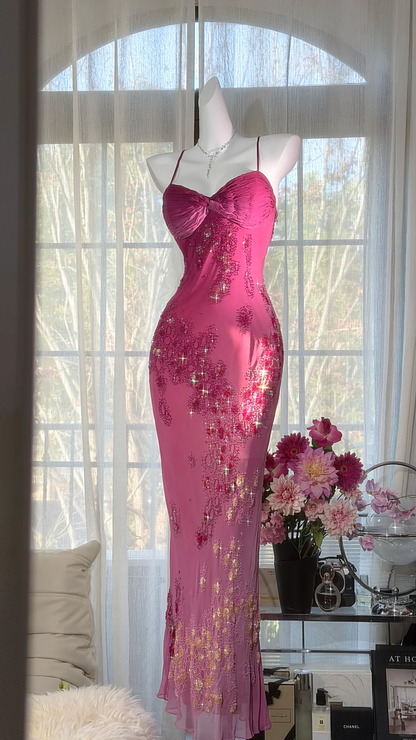 Dreamy Pink Ombre Sheath Floral Beaded Chiffon Long Prom Dress Graduation Prom Dress SH5348