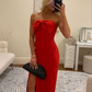 Red Strapless Bow-knot Slit Prom Dresses SH1124