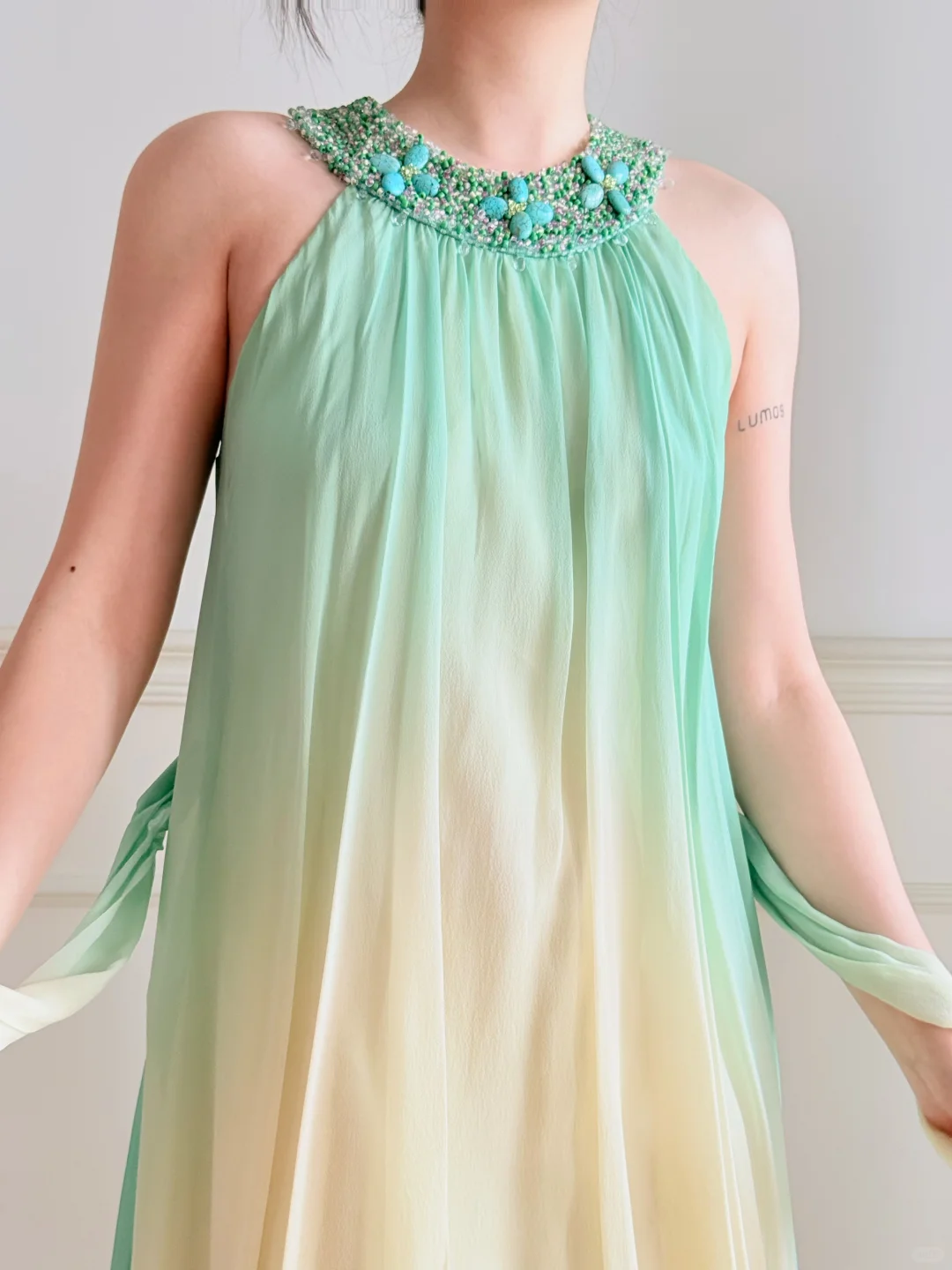 Vintage Yellow Green Ombre Beaded Chiffon Knee Length Wedding Guest Dress Prom Dress SH5442