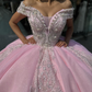 Pink Off the Shoulder Tulle Applique Long Prom Dress Quinceanera Dress Ball Gown SH2198