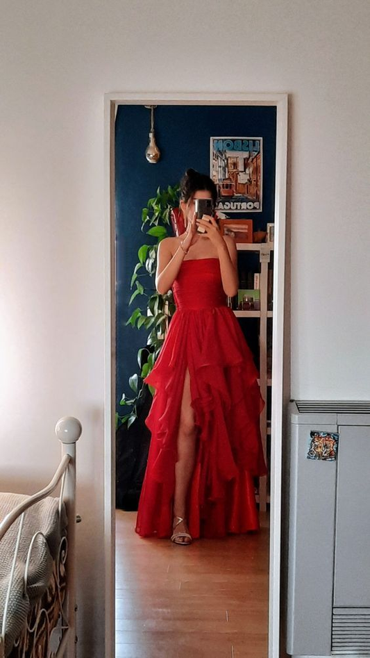 Sexy Red Tulle Tiered Long Prom Dress A Line Slit Evening Dress SH1495