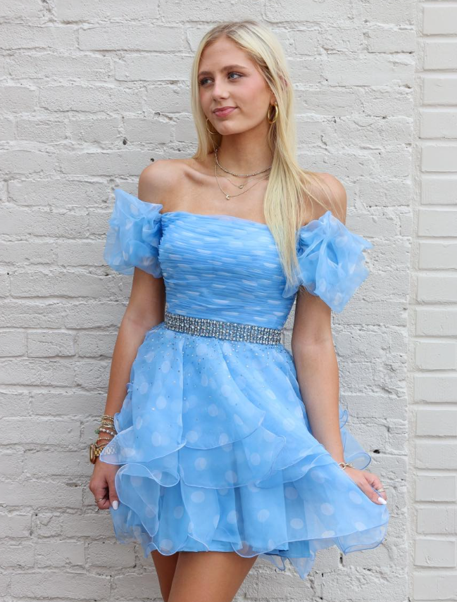 Baby Blue A Line Off the Shoulder Beaded Organza Short Homecoming Dress SH6791
