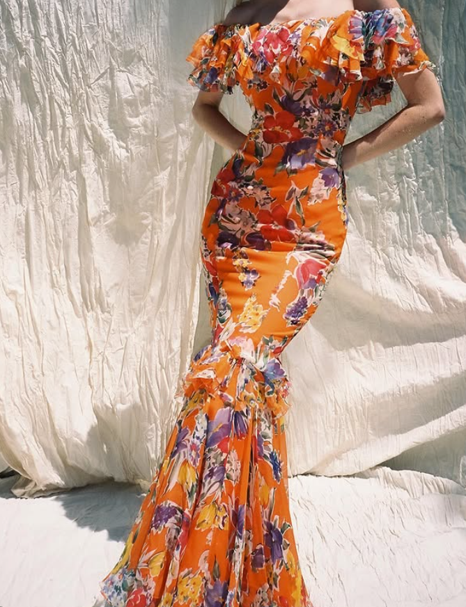 Stunning Orange Print Floral Mermaid Chiffon Prom Dress Vacation Dress SH6260