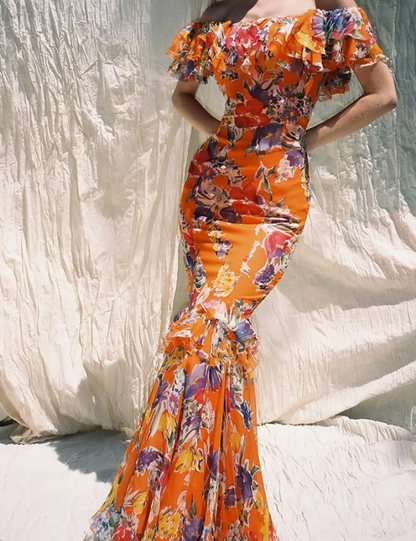 Stunning Orange Print Floral Mermaid Chiffon Prom Dress Vacation Dress SH6260