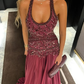Exquisite A Line Halter Beaded Chiffon Open Back Prom Dress SH5063