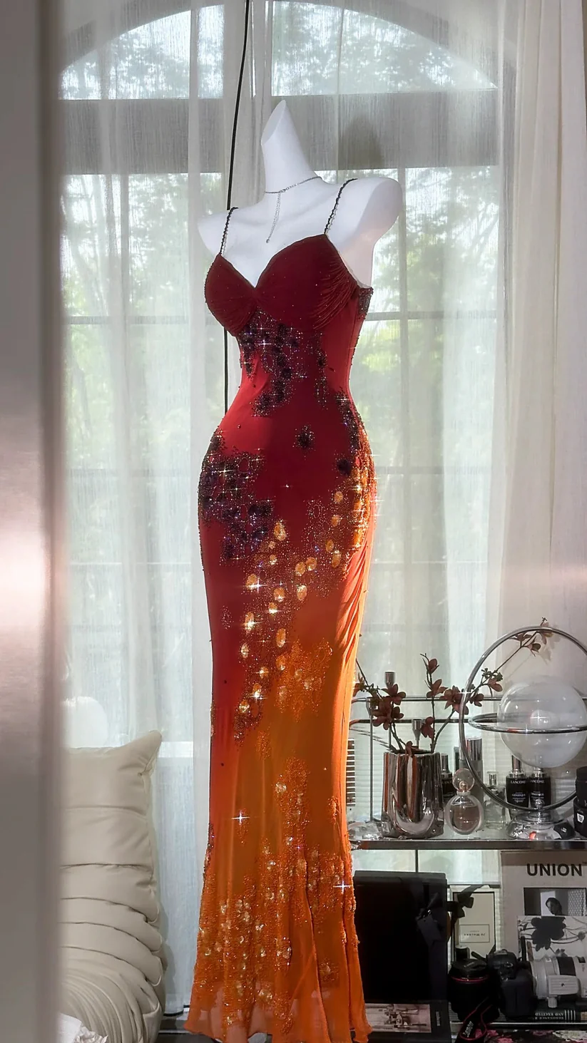Exquisite Burgundy Orange Floral Beaded Ball Gown Long Chiffon Date Dress Evening Dress SH3433